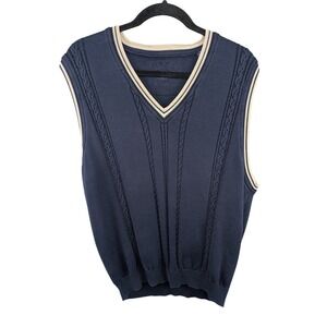 Cutter & Buck Men Sweater Vest XL Navy Blue Cotton Cable Knit V-Neck Golf Preppy